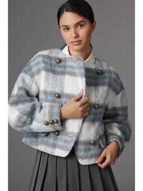 Anthropologie Maeve Plaid Wool Blend Jacket Blue Plaid L